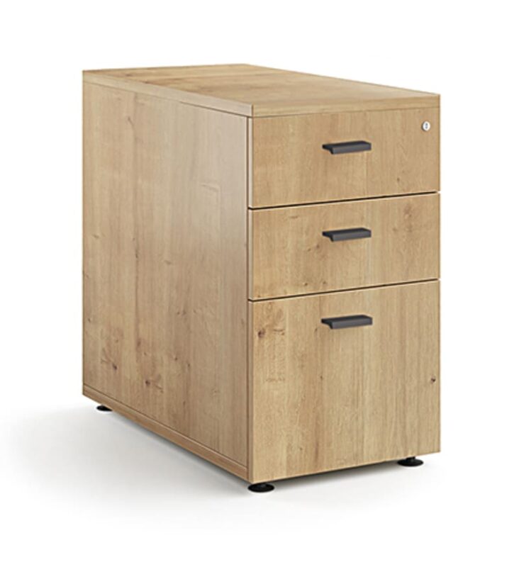 Un caisson en bois à trois tiroirs, parfait pour les espaces de travail modernes, avec poignées ergonomiques et design compact.