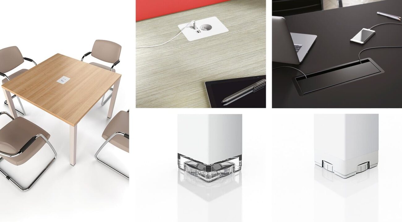 Boîtier prises encastré de la table In Quarto, équipé de prises USB, RJ45 ou HDMI pour des réunions connectées.