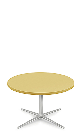 Table à pied croix avec plateau rond jaune et structure aluminium poli, conçue pour apporter couleur et fonctionnalité à vos espaces.