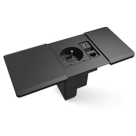 Boîtier de prises encastrable noir avec prises électriques et ports USB, doté de deux volets coulissants pour un design élégant et fonctionnel.