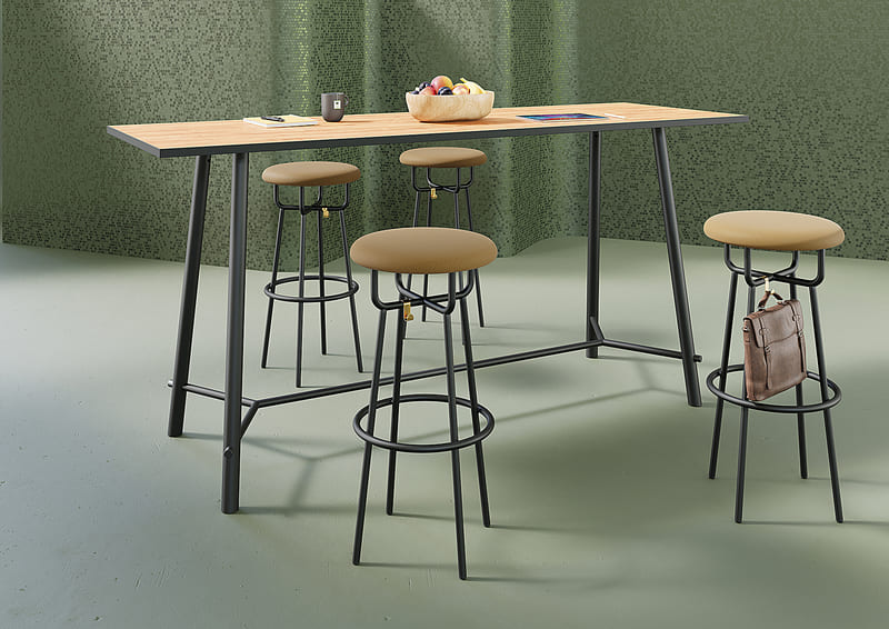 Vue d'ensemble d'un espace de travail moderne équipé de tabourets ASSAS autour d'une table haute, mettant en valeur leur design raffiné.