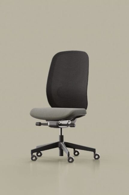 Siège ergonomique NAUTILE avec dossier en résille noire et assise grise, idéal pour un confort quotidien au bureau.