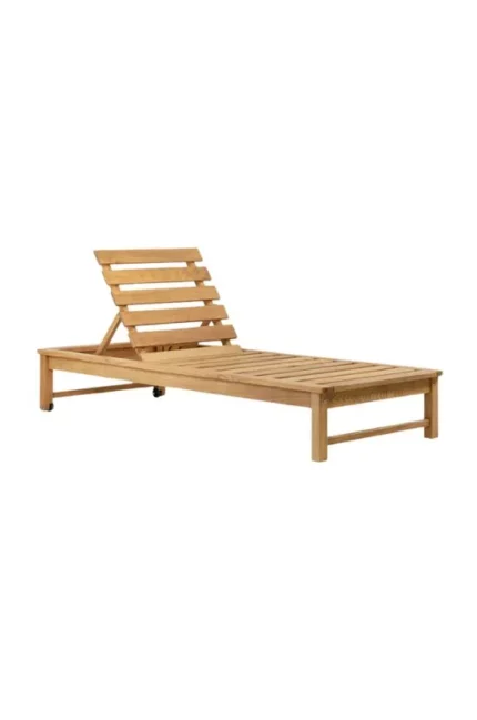 Bain de soleil en bois Riviera à lattes en bois de châtaignier, avec dossier réglable sur quatre positions et matelas haute densité pour une détente optimale en extérieur.